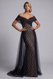 Black Plaid Beaded Mermaid Long Mother Of the Bride Dress with Cape
