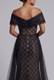 Black Plaid Beaded Mermaid Long Mother Of the Bride Dress with Cape