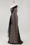 Black Plaid One Shoulder Mermaid Long Mother Of the Bride Dress with Ruffles