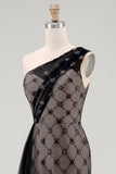Black Plaid One Shoulder Mermaid Long Mother Of the Bride Dress with Ruffles