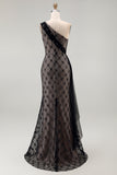 Black Plaid One Shoulder Mermaid Long Mother Of the Bride Dress with Ruffles