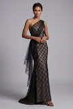Black Plaid One Shoulder Mermaid Long Mother Of the Bride Dress with Ruffles