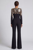 Sparkly Black Sequins Long Sleeves Round Neck Ruched Mothe Of the Bride Jumpsuits