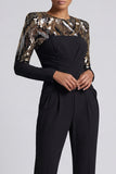 Sparkly Black Sequins Long Sleeves Round Neck Ruched Mothe Of the Bride Jumpsuits