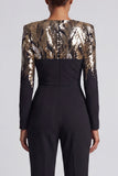 Sparkly Black Sequins Long Sleeves Round Neck Ruched Mothe Of the Bride Jumpsuits