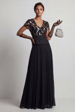 Sparkly Black Chiffon Pleated A Line Long Mother Of the Bride Dress with Sleeves