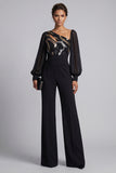 Sparkly Black Ruched Sequin Long Sleeves Mother Of the Bride Jumpsuits