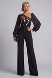 Sparkly Black Ruched Sequin Long Sleeves Mother Of the Bride Jumpsuits