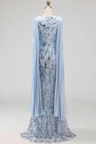Sparkly Sky Blue Beaded Mermaid Long Mother Of the Bride Dress with Cape