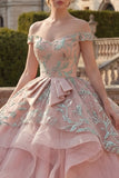 Off the Shoulder Ball Gown Blush Ruffled Princess Quinceanera Dress