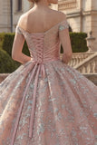 Off the Shoulder Ball Gown Blush Ruffled Princess Quinceanera Dress