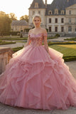Pink Off the Shoulder Ball Gown Ruffled Sequins Quinceanera Dress