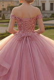 Pink Off the Shoulder Ball Gown Ruffled Sequins Quinceanera Dress
