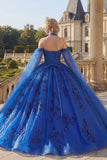 Royal Blue Halter Neck Ball Gown Appliqued Quinceanera Dress with Cape Sleeves