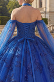 Royal Blue Halter Neck Ball Gown Appliqued Quinceanera Dress with Cape Sleeves