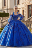 Ball Gown Halter Neck Royal Blue Appliqued Glitter Quinceanera Dress