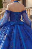 Ball Gown Halter Neck Royal Blue Appliqued Glitter Quinceanera Dress