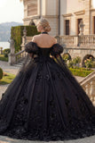 Ball Gown Halter Neck Appliqued Black Beaded Quinceanera Dress with Puff Sleeves