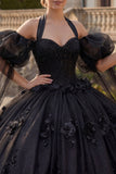 Ball Gown Halter Neck Appliqued Black Beaded Quinceanera Dress with Puff Sleeves