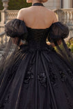 Ball Gown Halter Neck Appliqued Black Beaded Quinceanera Dress with Puff Sleeves