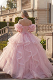 Ball Gown Halter Neck Blush Ruffled Quinceanera Dress with Puff Sleeves