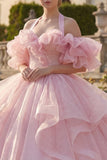 Ball Gown Halter Neck Blush Ruffled Quinceanera Dress with Puff Sleeves