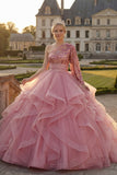 One Shoulder Pink Ball Gown Ruffled Sequins Quinceanera Dress with Long Sleeve