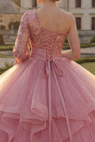 One Shoulder Pink Ball Gown Ruffled Sequins Quinceanera Dress with Long Sleeve