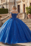 Off the Shoulder Royal Blue Ball Gown Beaded Glitter Quinceanera Dress