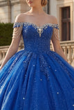 Off the Shoulder Royal Blue Ball Gown Beaded Glitter Quinceanera Dress
