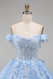 Light Blue Off the Shoulder Ball Gown Appliqued Corset Quinceanera Dress