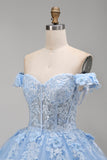 Light Blue Off the Shoulder Ball Gown Appliqued Corset Quinceanera Dress
