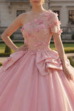 Ball Gown Pink One Shoulder Appliqued Quinceanera Dress
