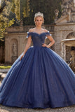 Off the Shoulder Ball Gown Navy Glitter Princess Quinceanera Dress