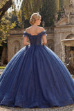 Off the Shoulder Ball Gown Navy Glitter Princess Quinceanera Dress