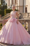 Pink Ball Gown One Shoulder Appliqued Ruched Quinceanera Dress
