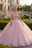 One Shoulder Ball Gown Pink Ruched Appliqued Glitter Quinceanera Dress