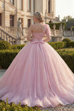 One Shoulder Ball Gown Pink Ruched Appliqued Glitter Quinceanera Dress