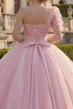 One Shoulder Ball Gown Pink Ruched Appliqued Glitter Quinceanera Dress