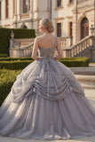 Light Grey One Shoulder Ball Gown Ruched Appliqued Quinceanera Dress