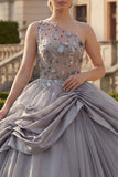 Light Grey One Shoulder Ball Gown Ruched Appliqued Quinceanera Dress