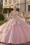 Ball Gown Pink One Shoulder Beaded Ruffled Quinceanera Dress