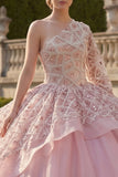 Ball Gown Pink One Shoulder Beaded Ruffled Quinceanera Dress