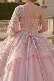 Ball Gown Pink One Shoulder Beaded Ruffled Quinceanera Dress