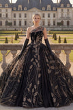 One Shoulder Black Ball Gown Appliqued Quinceanera Dress