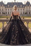 One Shoulder Black Ball Gown Appliqued Quinceanera Dress