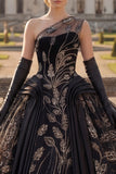 One Shoulder Black Ball Gown Appliqued Quinceanera Dress