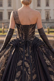 One Shoulder Black Ball Gown Appliqued Quinceanera Dress