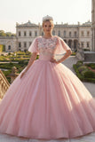 Ball Gown Round Neck Pink Appliqued Quinceanera Dress with Flutter Sleeves