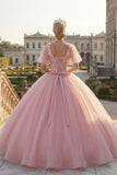 Ball Gown Round Neck Pink Appliqued Quinceanera Dress with Flutter Sleeves